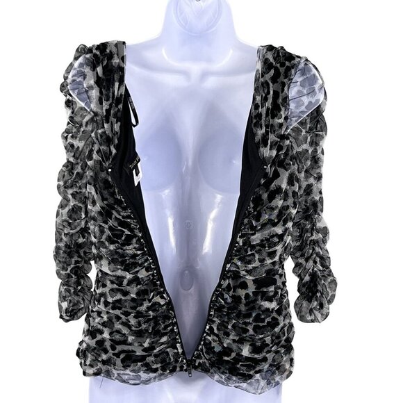 Tadashi Shoji Womens M Leopard Print Ruched Mesh Top V Neck 3/4 Sleeves Blouse - Picture 3 of 15